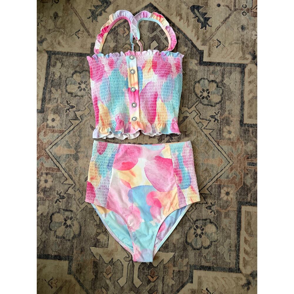 RAD Swim Bikini Set L Top S Bottom Smocked High Waist Pastel Watercolor